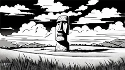 moai, manga, monochrome, black background, sketch, simple, maximum quality, broken hinge, barely functioning, centered on frame, far view, in the middle of a grassy hill, white sky with cumulonimbus