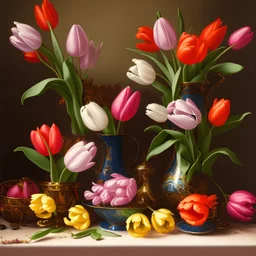 PATH, TULIPS, table, 17th century, dark setting, insanely detailed, 16k resolution, cinematic smooth, intricate detail, painted Renaissance style