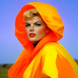 Jayne mansfield in the wind, plastic jacket, orange