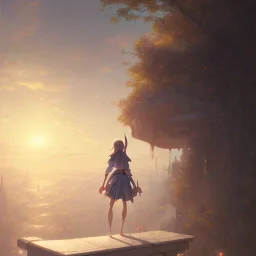 a girl looking to the sky, cinematic lighting, dramatic atmosphere, studio lighting delicate features finely detailed perfect art, at an ancient city, gapmoe yandere grimdark, trending on pixiv fanbox, painted by greg rutkowski makoto shinkai takashi takeuchi studio ghibli