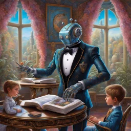 Whimsical futuristic Robot Automaton Butler dressed in butler tuxedo reading a book to two well-mannered first-graders in study, Robot Butler fine mansion wonderland, Hyperrealistic, splash art, concept art, mid shot, intricately detailed, color depth, dramatic, side light, Robot Butler background Josephine Wall, by WLOP, by Moebius.