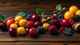 Colorful berries assortment on rustic wooden table