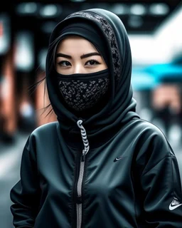 Beautiful asian woman, Street fashion style with balaclava, with Nike suit, portrait, fashion magazine --ar 2:3 --sref 680572301 --personalize kzilt9y --stylize 1000 --v 6.1 persian black rug