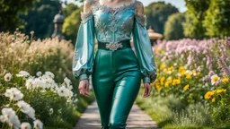 fullbody shot of girl makeup wearing a dark green-silver victorian top and pants and pretty boots walking in moder city of 2040 park ,flowers ,pretty clouds in blue sky,city escape.