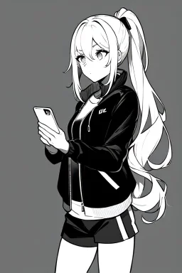 blonde girl with ponytails dressed in a jacket and shorts use cell phone's flashlight to get some light in the dark, greyscale