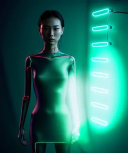 Ultra realistic photographic night portrait, cinematic, <Asian woman> many wires coming out of the head <perfect pupil><glow eye> <cyborg arm> <garage> <wide angle><x-rays>, hot, retro futuristic dress <Helmut newton photo style>, neon lights, color fog, soft color, highly detailed, unreal engine 5, ray tracing, RTX, lumen lighting, ultra detail, volumetric lighting, high definition.