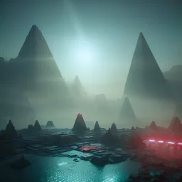 sci-fi city underwater with pyramids and ancient writings, mood is gloomy, colors include blue and red and green, shafts of lighting, mist, , photorealistic, , volumetric light, cinematic