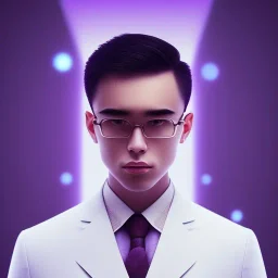 man, cute face, white highlight hair, brown eye, white, skin, purple suits, futuristic, science, purple, blue, dark pink background lighting, technology, profile, asian boy, square face, orange backlight