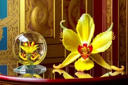 1512857901 hypersigil photograph of a beautiful yellow and red orchid in a clear glass rococo inspired vase on a mirrored deco themed end table in a shadowy corner of a nouveau era room with wood paneling in the style of Robert maplethorpe, tropical birds, lizards, snakes, insects, gorgeous, shamanic, ethereal, photorealistic, embellishments, long shot, wide shot, dof, deep focus, 3d render