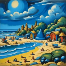 A blue resort on a beach painted by Thomas Hart Benton