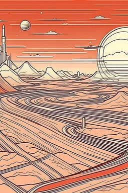 thine line draw style, show a shot of a view of Mars surface with future high rise structures buildings
