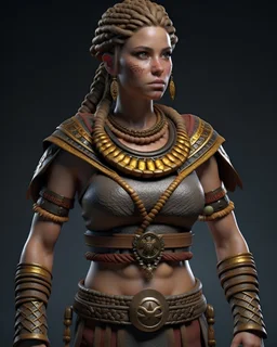 tabletop role-playing miniature of a minoan female gladiator wearing minoan-medieval paracord-macrame clothes. full body. concept art in the style of François bourgeon enki bilal phillipe druilett. hyperrealism 4K ultra HD unreal engine 5 photorealism.