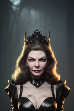 Lauren Bacall as evil queen in black leather, leather, busty, cleavage, angry, stern look. character design by cory loftis, fenghua zhong, ryohei hase, ismail inceoglu and ruan jia. unreal engine 5, artistic lighting, highly detailed, photorealistic, fantasy