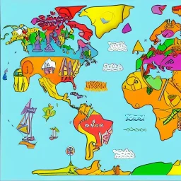 world map in many colors detailed animated fun adventures bold colors