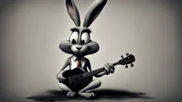 photorealistic deppressed dark melancholic sad Bugs bunny with blackeye deppressed doing music rock and roll dark heavy metal on a scene alcoholic, ciggaretes ciggaretes sad sad sad sad ciggarets