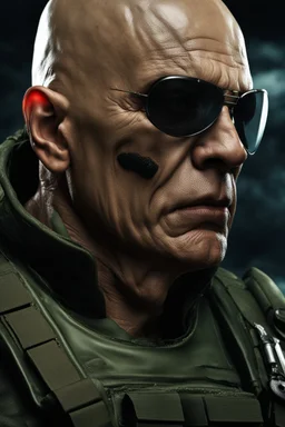 portrait of a 50 year old evil soldier. sneering expression, bald with tattoos, photorealistic, 4k