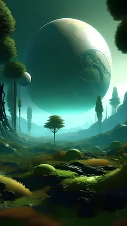 sci fi planet, companion, view from distance, forest, alien plants