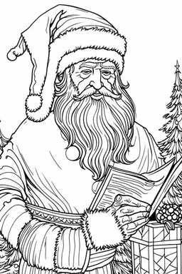 Christmas coloring page of Santa Claus a coloring page with Santa checking his list and writing down who's been naughty or nice. a bold ink line sketch drawing illustration.