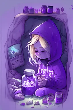 draw a small blonde girl playing video games in a purple hoodie laying in her bed and the whole scene is within a mason jar