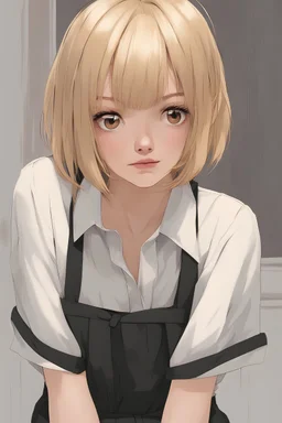 tiny 17 years old girl, bob blonde hair, wear long white male shirt, stand in small flat hall, shy expression on face, high detailed photo, ultra realistic