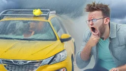 guy in hurricane arguing on phone next to his half lemon half kia sportage