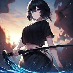 Clear focus,High resolution, black short fluffy hair, long fluffy bangs, and dark blue eyes, Depressed girl, wearing a black short shirt with a black sleeveless crop top, dark aura, controlling water, in a black room, holding a katana