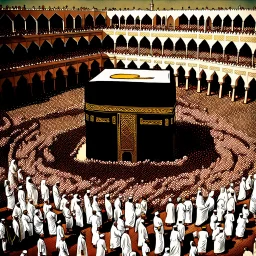 The scene in Mecca: People wearing white Ihram clothes, men without head coverings, women with veils, circumambulating around the Kaaba, and above them are transparent white spirits of children, men, and women with wings revolving around the Kaaba.