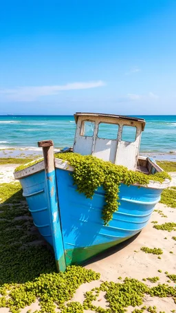 An abandoned boat covered with see weeds on the beach