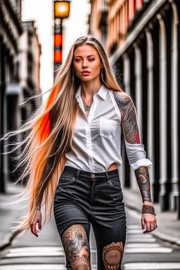 full body tattooed beautiful female supermodel with very long blonde hair floating on air unbutton shirt walking on street posing for magazine cover photoshoot