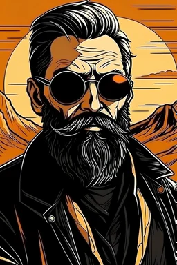 saint gunman with round sunglasses and a black coat and beard in the wild west, grim comic