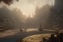 Wooden medieval fantasy docks in poor village, daytime, light shafts, adventurers, trees, bustling