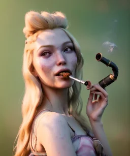 Ultra realistic photographic portrait, happy blonde woman smoking a pipe in Wonderland, wide angle view, smile steampunk dress style, marihuana plants, color fog, color smoke, soft color, highly detailed, unreal engine 5, ray tracing, RTX, lumen lighting, ultra detail, volumetric lighting, 3d, finely drawn, high definition.