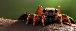 A national geographic award winning photograph of of a bat spider housefly station wagon hybrid in nature and on the hunt,skin color patterned like a poisinous incect or reptile, horrorcore, science gone crazy, in nature and on the hunt, 64k, reds, oranges, and yellows anatomically correct, 3d, organic surrealism, dystopian, photorealisitc, realtime, symmetrical, clean, 4 small compound eyes around two larger compound eyes, surr