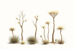 "Isolated concept art of multiple types of alien tree plant on a plain neutral background. Designed for Desert biome – dry, spiky, brittle grass with sharp edges, thorn-like blades, and pale dusty colors