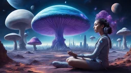 beautiful women sitting without bro meditating on blue, purple mushroom in space, city and space ships of the future at the back ground planets above hyper realistic.