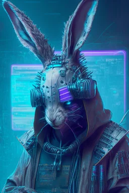 portrait of a cyber punk rabbit hacker humanoid