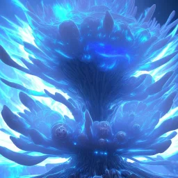 Spherical Frost metal magic armoured lightning Mycelium giant blob MUSHROOM flower erupting with BLUE FLAMES hellfire abyss stars SPACE lANDSCAPE