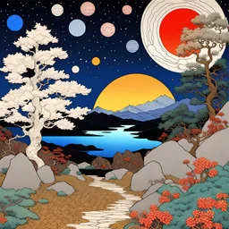 Colourful, peaceful, Max Ernst, Egon Schiele, Hiroshige, night sky filled with planets and stars, trees, rocks, flowers, one-line drawing, sharp focus, 8k, 3d, intricate, ornate