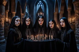 young gothic people with big dark shiny eyes, tiny nose, tiny mouth black nice cloth make a gothic party on big balkone in the castle, nightly mood,pale lights, candles, high detailed, weird, surreal mood, cinematic