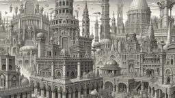 Depiction of an elaborate fantasy cityscape with various architectural styles, including classical and gothic elements, with statues of humans, animals, birds, and mythical figures with multiple levels of buildings.