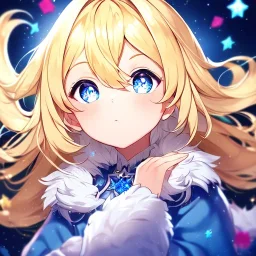 Clear focus, High resolution, A anime kid, cute, rough line skecth, star around kid, sparkling eyes, medium fluffy blonde hair, blue sparkling eyes, 1girl (solo)