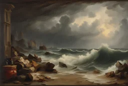 Andreas Achenbach tufting tapestry trompe-oil stormy sea shores islands, in empty room