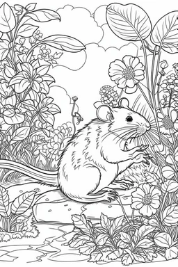 Outline art, no shading, rat full body in the garden, cartoon style, black and white, low detail, --ar 9:11