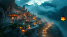 A hidden mountain village built on terraces, with houses carved from crystal and paths lined with glowing, floating lanterns that light up the misty evening air, award-winning photograph, beautiful composition, exquisite detail and illumination