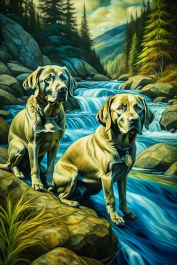 Portrait of 2 labradors by Van Gogh, the scenery is in a fantasy forest with a waterfall coming down from a high mountain
