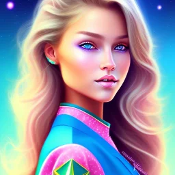  beautiful girl, smiling, longsand blonds hairs,blue eyes , realistic, pink turquoise light and stars