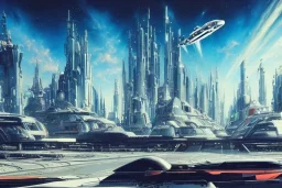 A Spaceship is taking off from a buzzing Space port on a heavy industrialized planet with a futuristic city in the background, retrofuturistic, art by John Berkey, buildings with glass facades, brutalist architecture, insanely detailed, vibrant, 8k uhd, cinematic atmosphere, ultra-wide angle, street level view, brush strokes, blue sky with clouds, dramatic sunset, sharp focus