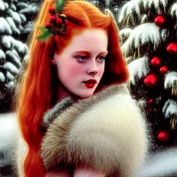 young Deborah Ann Woll and teen Robyn Lively, beautiful faces, meticulously detailed red hair; Christmas sleigh, brown horses; forest, snow, ethereal fantasy maximalist matte painting. Hues of Christmas. Hideo Kojima. realistic. Victorian era, snowflakes, holly, pinecones, old fashioned, vintage, antique, beautiful, renaissance, 16k