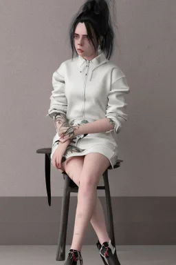 Billie Eilish, sitting on a chair, Black Short Dress, high detail, realistic