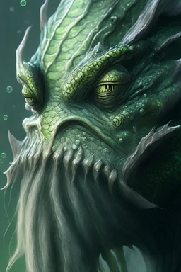 frog-like face, a long beard, scaly gray-green skin, and the tail of a large fish Demon,highly detailed, digital painting, artstation, concept art, smooth, sharp focus, blur, short focal length, illustration, art by artgerm